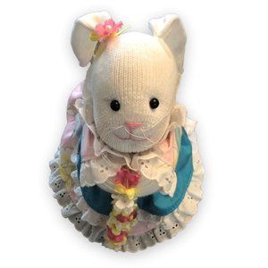 80's Vintage Hawaiian Sock Bunny Rabbit 8.5" MuuMuu Lei Pink Blue Yellow